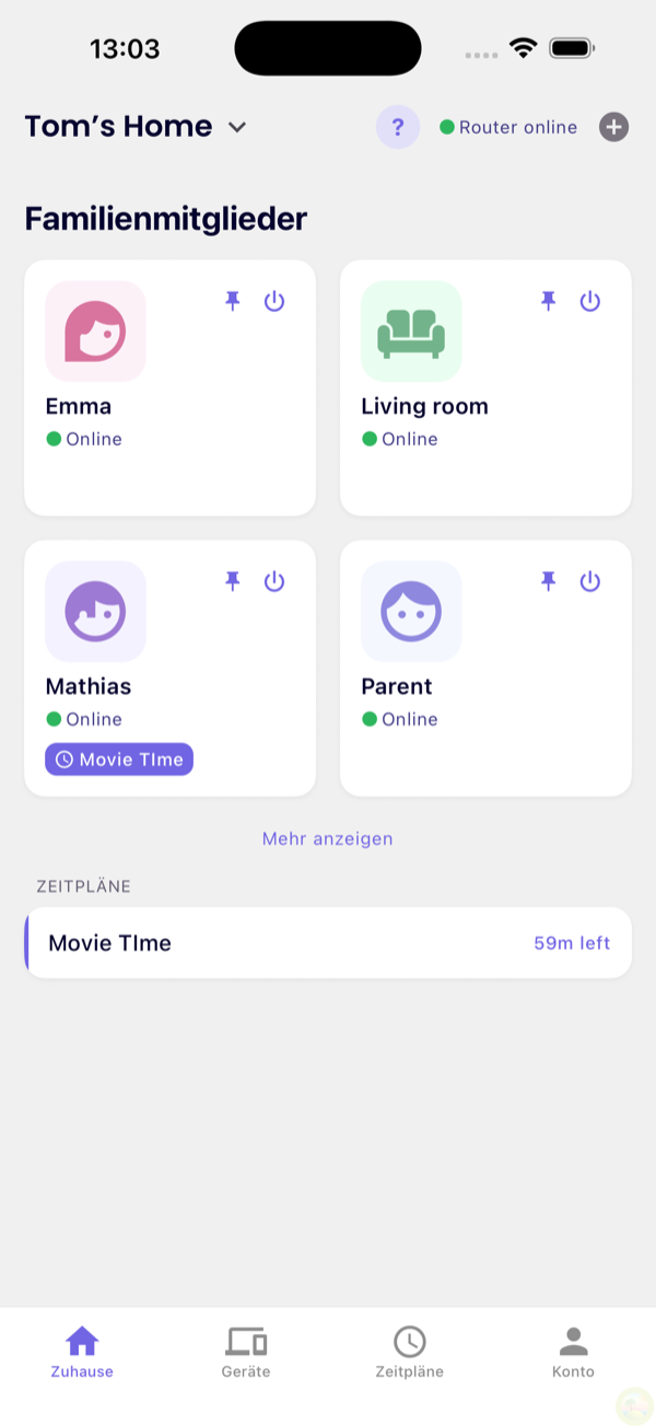 WhiteCat-App-Startbildschirm — Familienmitglieder und heutige Zeitpläne
